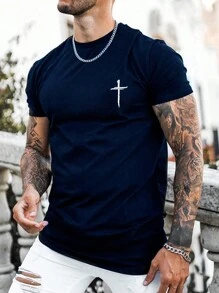 Men Cross Print Tee - Navy Blue - View 1