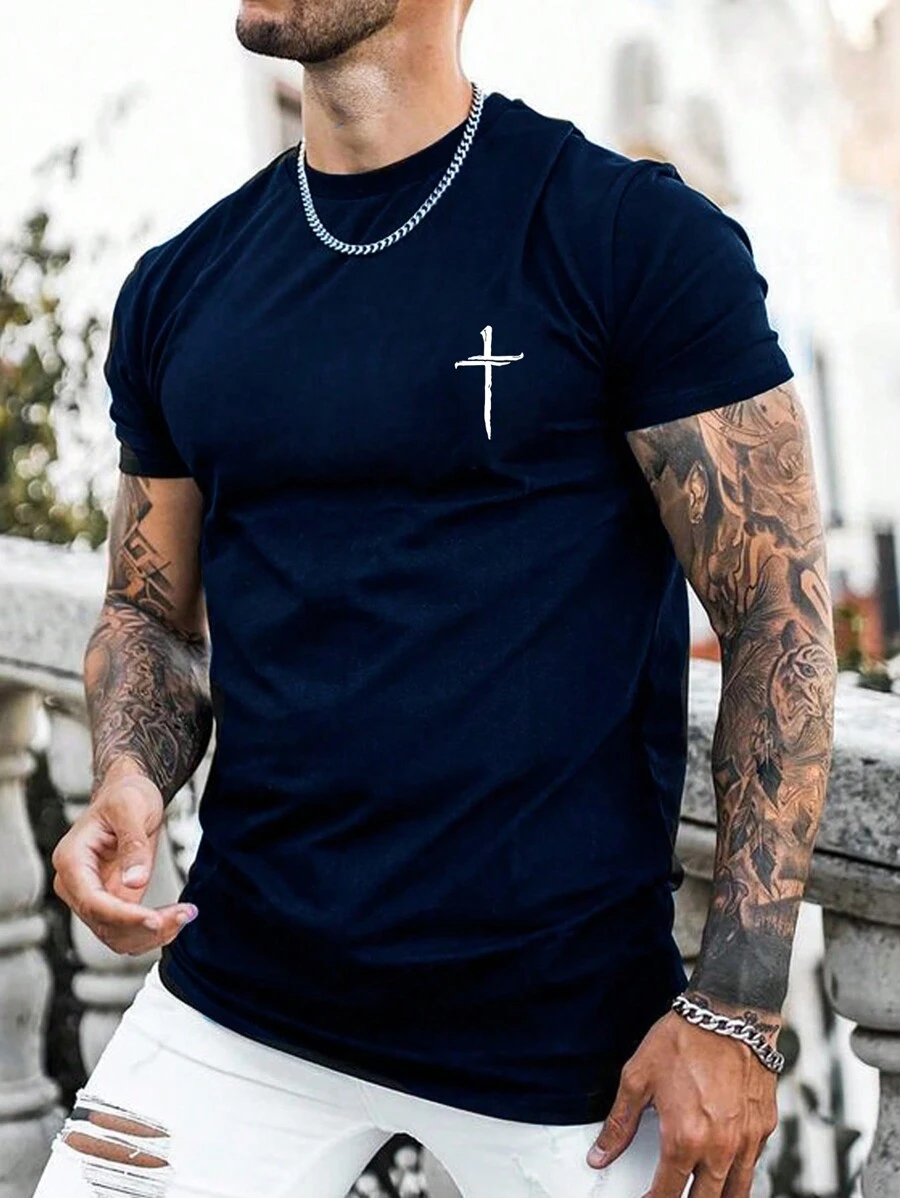 Men Cross Print Tee - Navy Blue - View 1