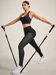 Easithlete Color-Block Sport Leggings With Phone Pocket Yoga Women Pants - Black - View 4