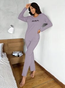 EURMUSE Women's Home Wear Set, Long-sleeved T-shirt + Trousers - Purple - View 3