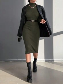 RueChic Enges Strickkleid Mit Hohem Halsausschnitt Für Damen - Dunkelgrau - Übersicht 5