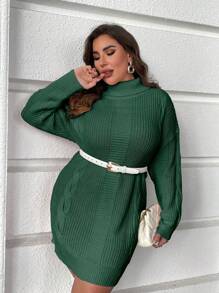 Calvaya Plus Size High Neck Drop Shoulder Long Sleeve Sweater Dress Without Waist Belt