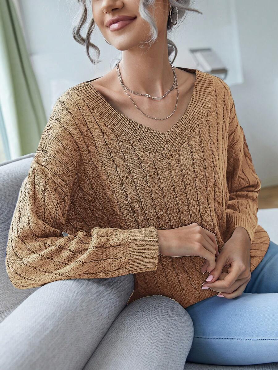 SHEIN LUNE 女士V领爱心圣诞图案毛衣，适合机场/工作/旅行，冬季圣诞毛衣 - 卡其色 - 查看 1