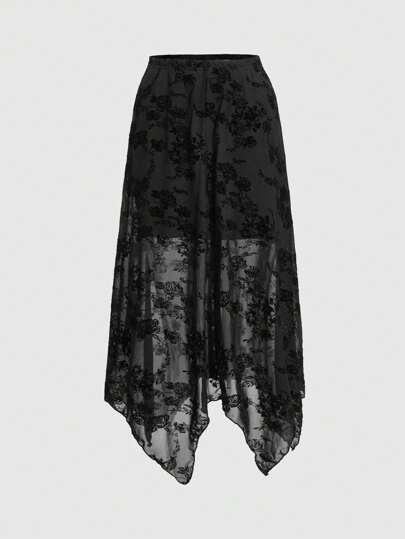 Fairycore Damen Blumen Mesh asymmetrischer Saum eleganter Maxirock