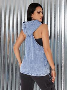 SHEIN EZwear Hooded Denim Vest Top - Blue - View 2