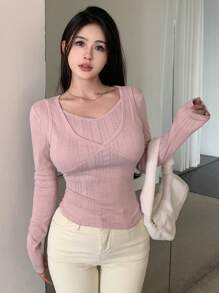 Dazy Designer Women's Sweetheart Neck Ribbed T-Shirt Long Sleeve Women Tops,Fall Women Clothes - Pink - View 3