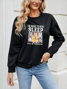 SHEIN LUNE 女標語貓印花落肩套頭衫 - 黑色 - 查看 5