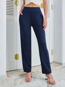 純色彈性腰長褲 - 藍色 - 查看 4