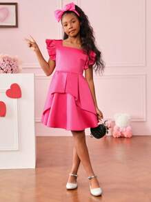 Vestido De Manga Corta Con Dobladillo Con Volantes De Color Liso Para Niña - Rosa Fucsia - Ver 5