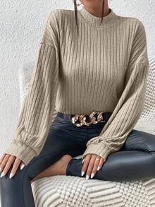 SHEIN Frenchy 實心深縐紋織立領長袖t-shirt - 卡其色 - 查看 5