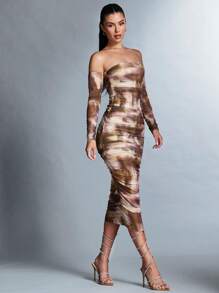 SHEIN BAE Tie-dye Pleated Off Shoulder Dress - Multicolor - View 4