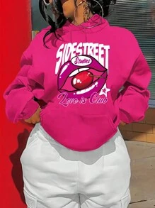 INAWLY Women's Letter & Lip Pattern Kangaroo Pocket Drawstring Hooded Fleece Sweatshirt - Hot Pink - View 1