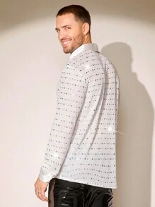 FeverCity Men'S See-Through Long Sleeve Shirt With Glitter Sequins Decoration - White - View 2