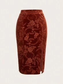 SHEIN Clasi 高腰提花分擔裙 - 棕色 - 查看 3