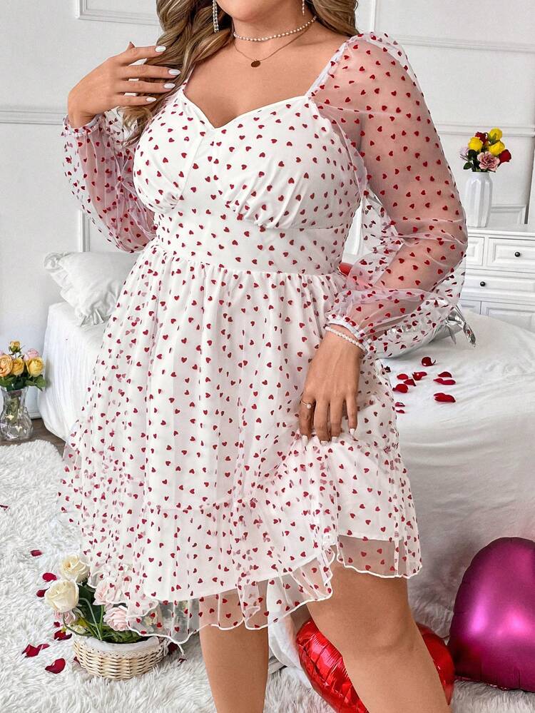 Plus Size Heart Mesh Spliced Sweetheart Neckline Dress