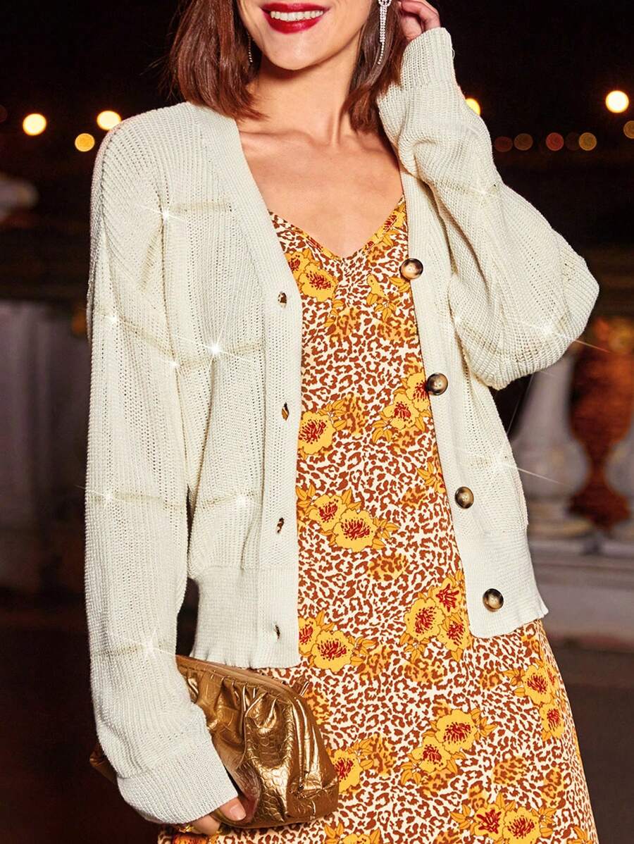 SHEIN Frenchy Mẫu sọc Nút phía trước Áo len Mở - Màu be - Xem 1