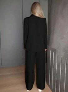 SHEIN x Carly Lawrence SHEIN Essnce 秋冬女士翻领长袖西装外套和裤子套装 - 黑色 - 查看 2