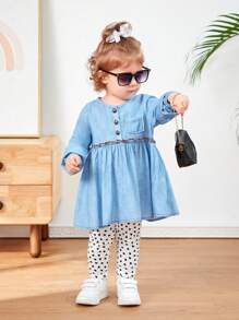 SHEIN Infant Girls' Casual Denim Effect Long Sleeve Dress And Heart Print Pants Set - Blue - View 4