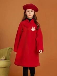 Tween Girls' Fashionable Graffiti Embroidery Sherpa Lined Qipao Dress With Buttons, Autumn Style