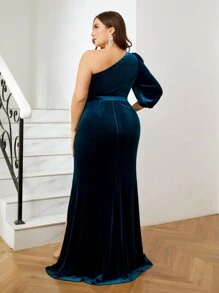 SHEIN Belle Plus Size Bridesmaid Dress With Asymmetric Neckline, Lantern Sleeves, High Slit And Waistband - Teal Blue - View 5