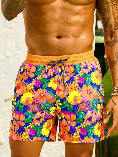 Pantaloncini da bagno da uomo con stampa floreale e vita con coulisse, stile hawaiano