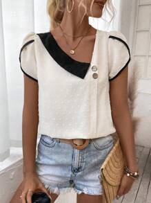 SHEIN LUNE Color-Block Blouse With Bubble Sleeve And Asymmetric Collar - Apricot - View 4