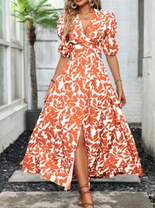 SHEIN LUNE Plant Printed V-Neck Split Hem Dress Maxi Women Outfit - Orange - View 1