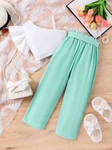 SHEIN Young Girl Top With Ruffle Trim And Paperbag Waist Pants, 2pcs/Set - Mint Green - View 2