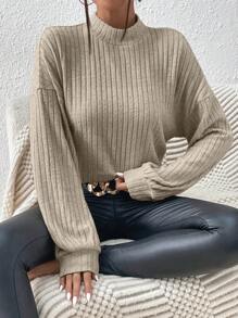 SHEIN Frenchy 實心深縐紋織立領長袖t-shirt - 卡其色 - 查看 1