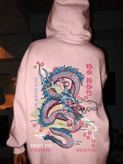 Sudadera Rosa Con Capucha Y Corte Regular Para Mujer Con Patrón De Dragón Para Ocio