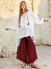 SHEIN BohoFeels 拉鍊燈籠袖度假女裝襯衫 - 白色 - 查看 5