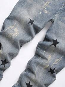 Men Star Print Jeans - Light Wash - View 4