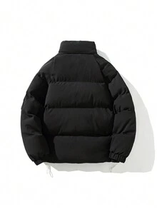 Men's Drawstring Padded Coat With Patch Design - Black - View 2