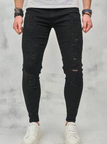 Jeans Desgastados Para Hombre - Negro - Ver 1