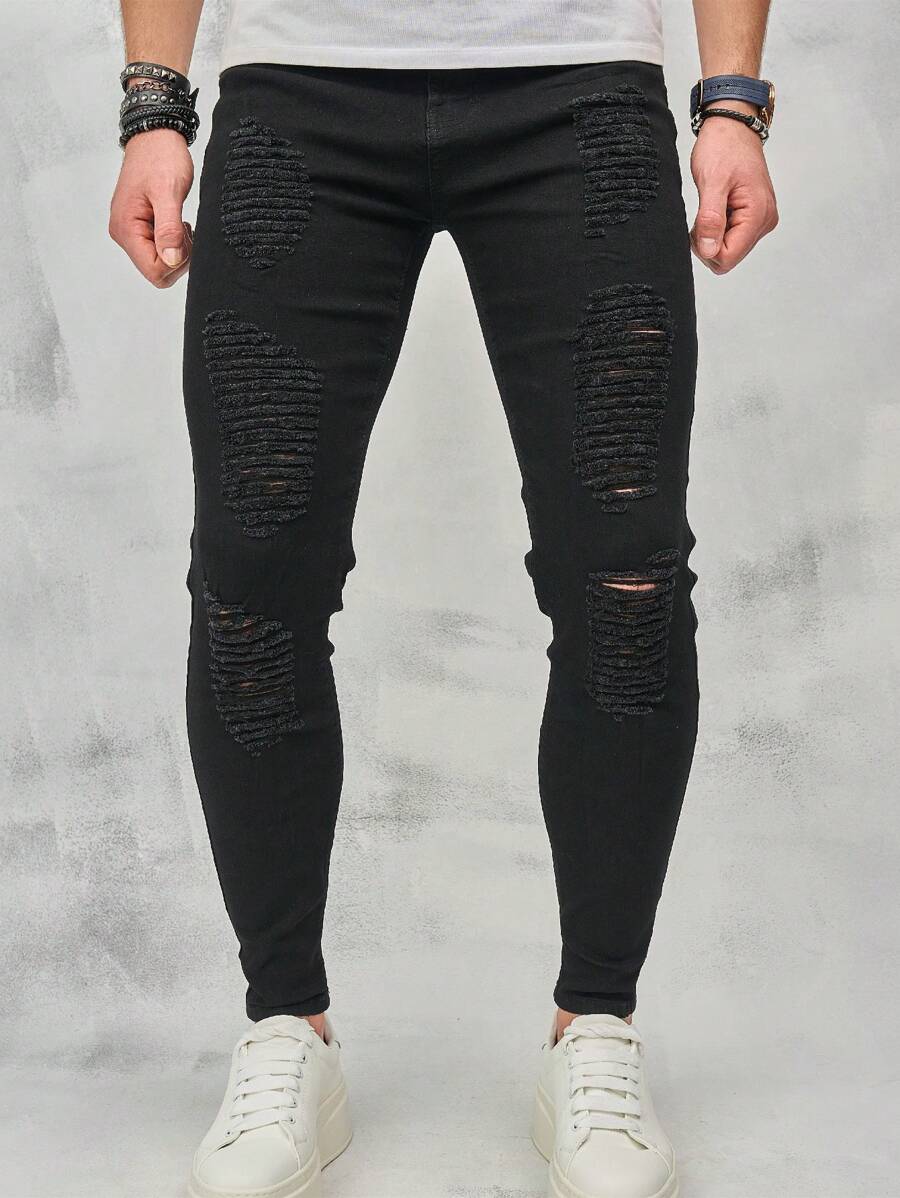 Jeans Desgastados Para Hombre - Negro - Ver 1