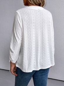 SHEIN LUNE 大碼網眼刺繡抽繩袖T恤 - 白色 - 查看 2