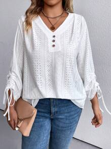 SHEIN LUNE 大碼網眼刺繡抽繩袖T恤 - 白色 - 查看 4