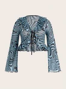SHEIN ICON Kích thước lớn Của phụ nữ Đá hoa In Ruffled Hem Áo - Màu xanh lam - Xem 1