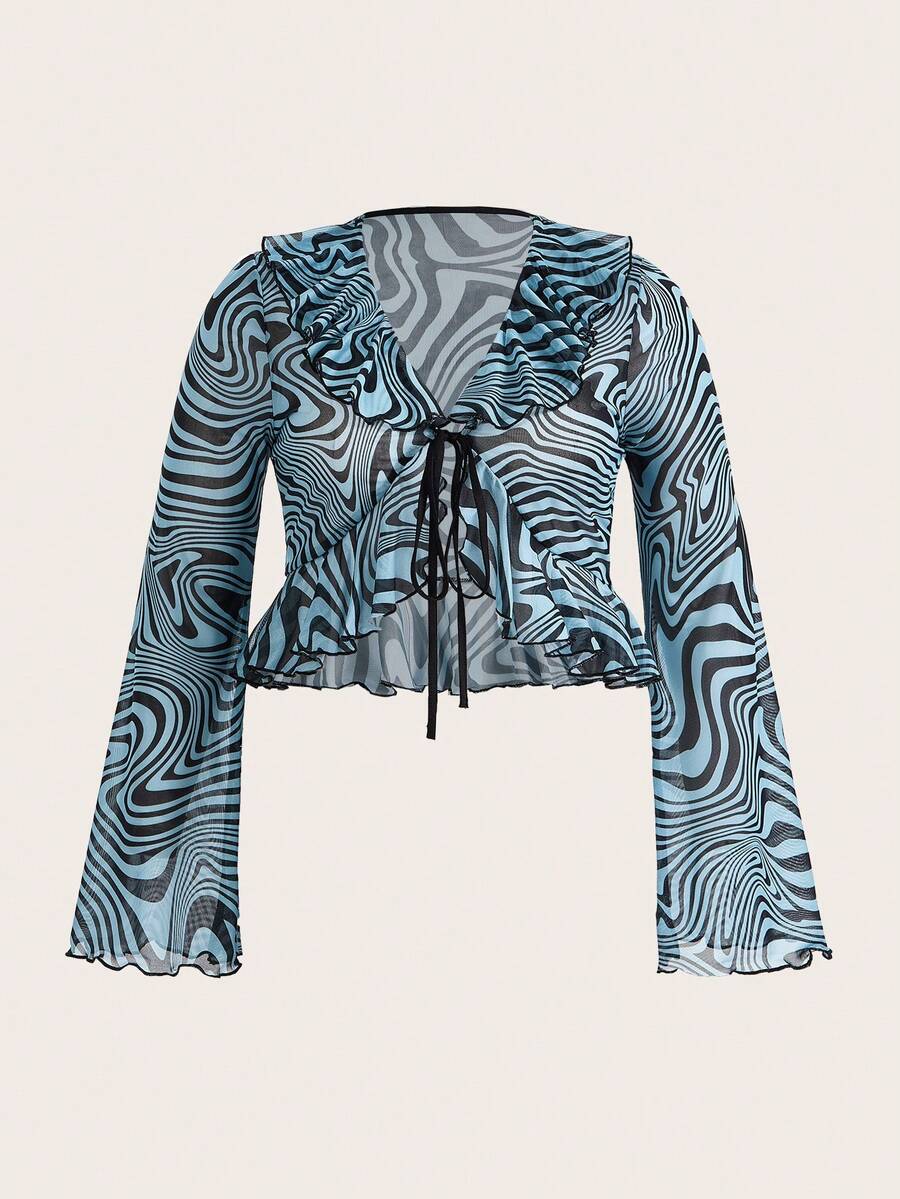 SHEIN ICON Kích thước lớn Của phụ nữ Đá hoa In Ruffled Hem Áo - Màu xanh lam - Xem 1