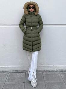 RueChic Fuzzy Trim Hooded Zipper Puffer Coat