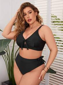 SHEIN Swim Curve Plus Size Women's Strappy Bikini Set Summer Beach - Black - View 4
