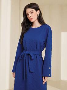 Seusyu Vestido Feminino Azul Com Decote Redondo E Cinto - Azul - Ver 5