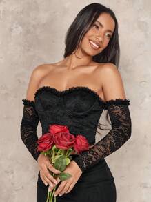 SHEIN BAE قمة دانتيل جذابة بأكتاف مكشوفة، لعيد الميلاد ورأس السنة الجديدة - الأسود - مشاهدة 2