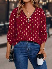 SHEIN Clasi 大尺碼金色橢圓點印花捲袖襯衫 - 紅色 - 查看 3