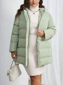 SHEIN Essnce Women's Plus Size Solid Color Hooded Padded Coat - Mint Green - View 3