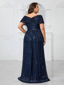 YISIKADO Plus Size Women's Glittery V-Neck Capelet Short Sleeve Party Evening Dress Elegant Formal Prom Wedding Guest Gown, For Graduation, Dinner - 藏蓝色 - 查看 2