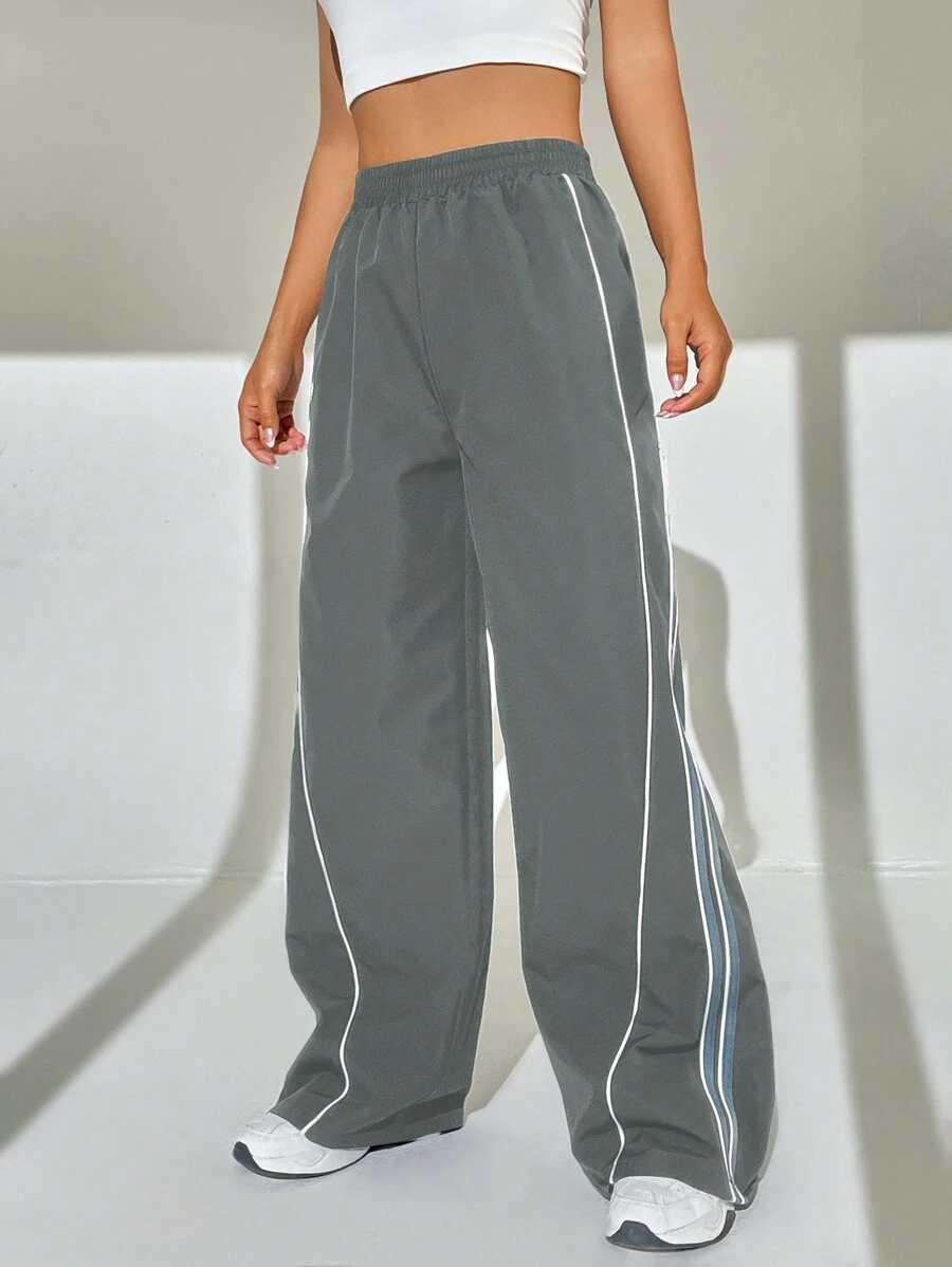 SHEIN EZwear 撞色條紋捲邊長褲 - 灰色 - 查看 1