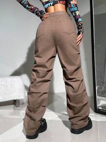 SHEIN ICON Y2k棕色寬鬆女裝休閒低腰百褶直筒牛仔褲 - 卡其色 - 查看 2