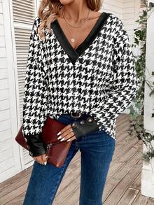 SHEIN LUNE 女千鳥格長袖 T 卹 - 黑與白 - 查看 4