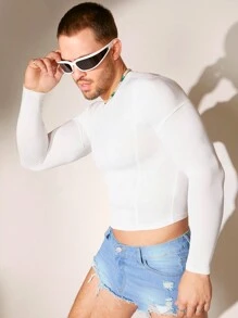 FeverCity Men's Cropped Knit Casual Long Sleeve T-Shirt - White - View 4